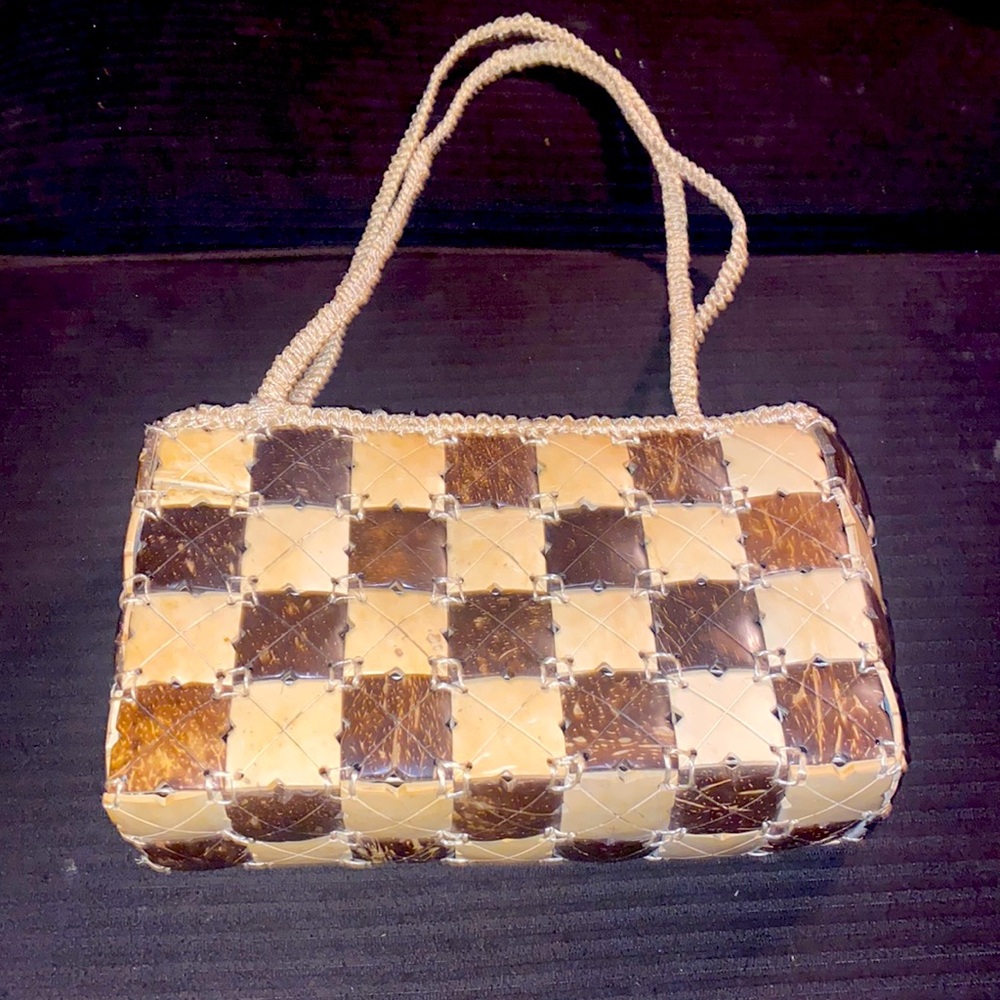 Vintage Handmade Coconut Shell Handbag Patchwork Purse in Brown&Tan